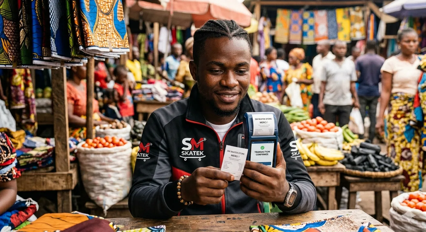 Un entrepreneur congolais utilisant son smartphone pour des opérations financières numériques, avec un fond évoquant une COOPEC ou un marché local, symbolisant la digitalisation et l'inclusion financière.
