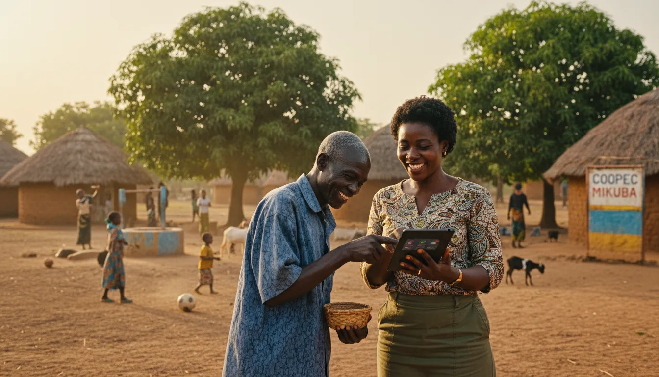 Agent de COOPEC utilisant une tablette pour le crédit digital en Afrique