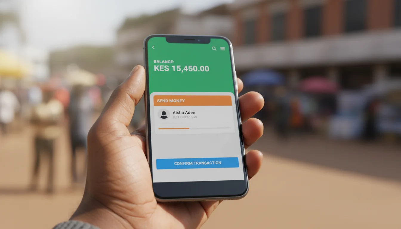 Main tenant un smartphone avec une application de mobile money, symbolisant l'essor des paiements numériques en Afrique.
