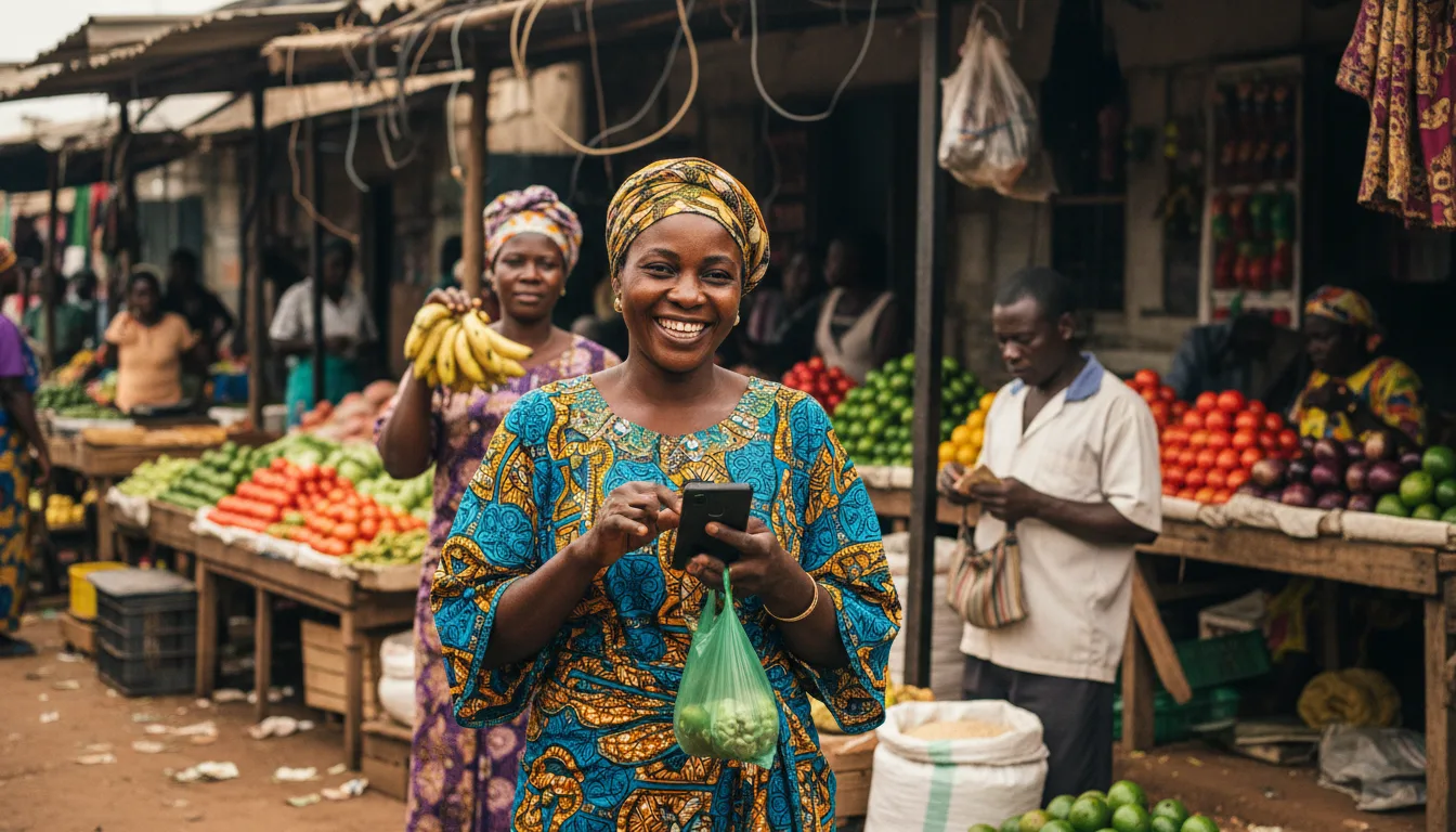 Femme congolaise effectuant un paiement mobile dans un marché