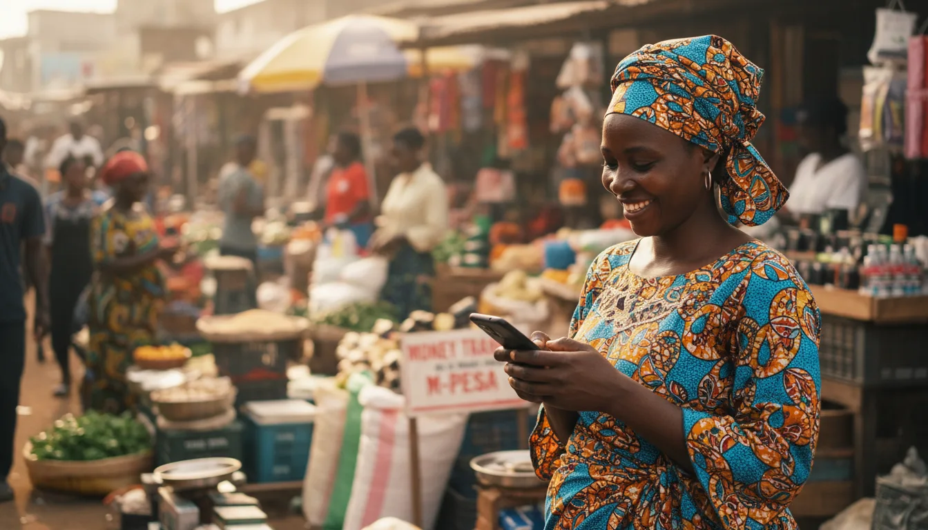Femme congolaise utilisant son téléphone portable pour une transaction de mobile money dans un marché animé de Kinshasa.