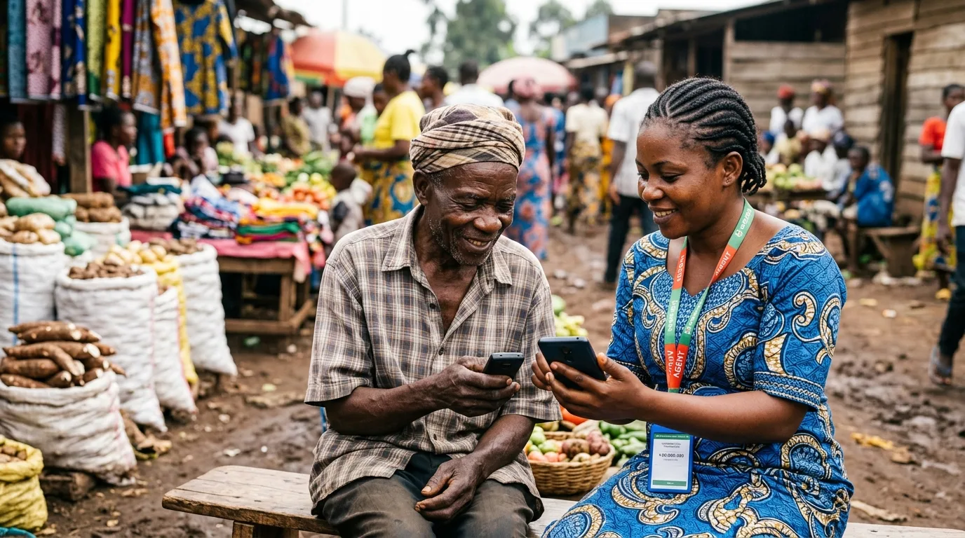 Une agente financière congolaise aidant un agriculteur dans un marché rural pour une transaction numérique.