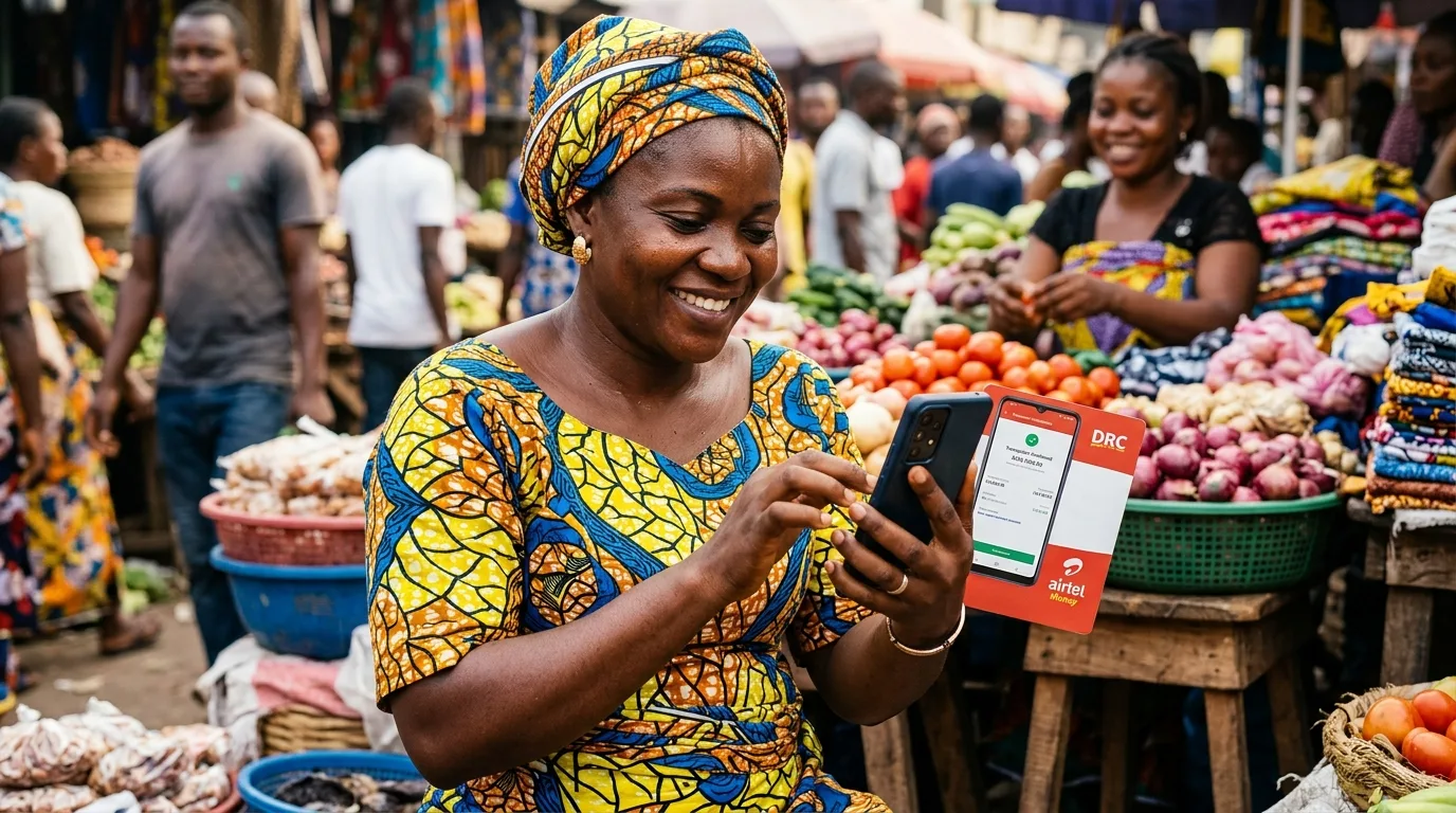 Une femme congolaise souriante utilisant son téléphone pour des opérations bancaires mobiles dans un marché animé de Kinshasa, RDC.
