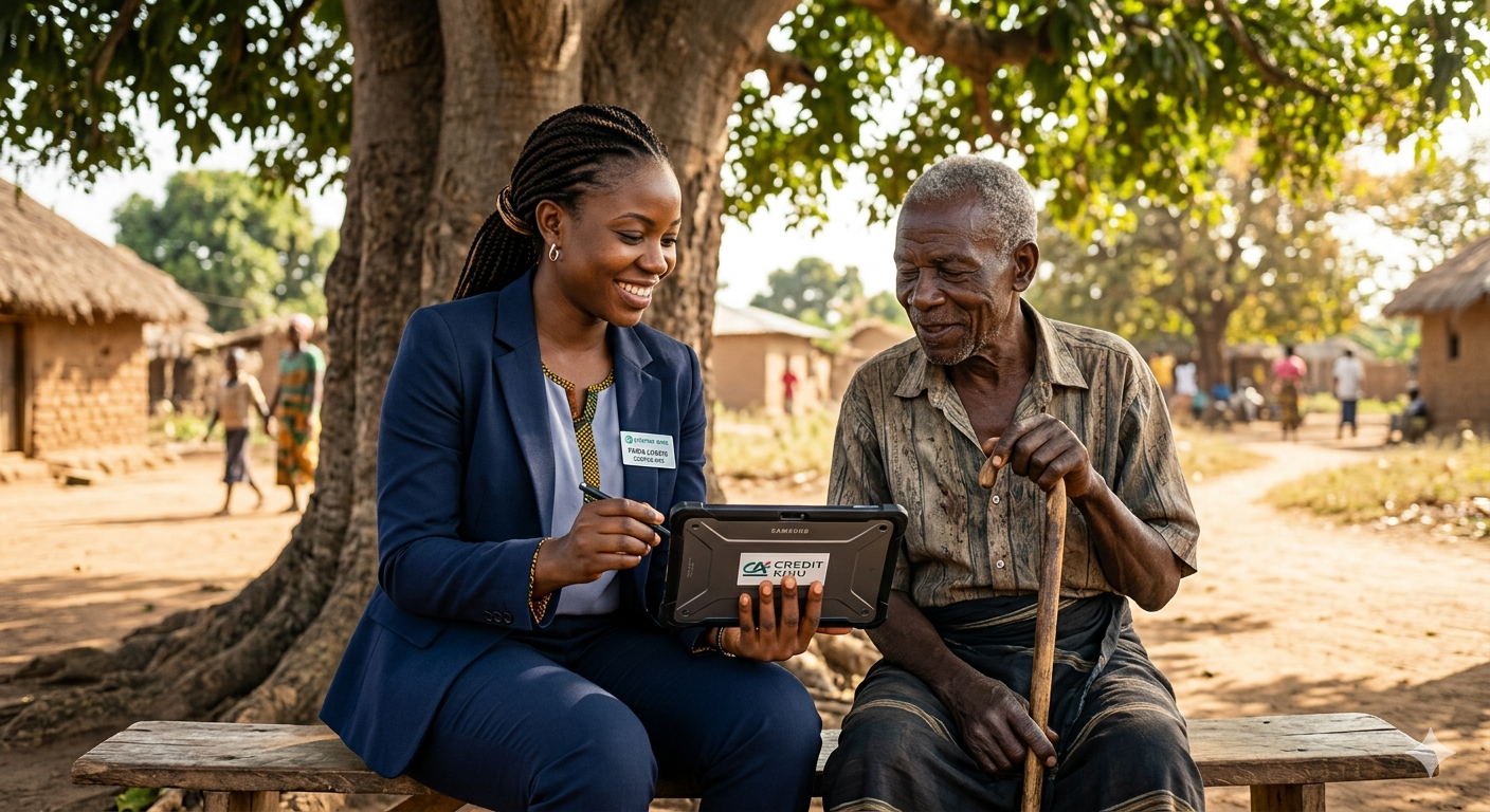 Agente financière africaine assistant un client en zone rurale